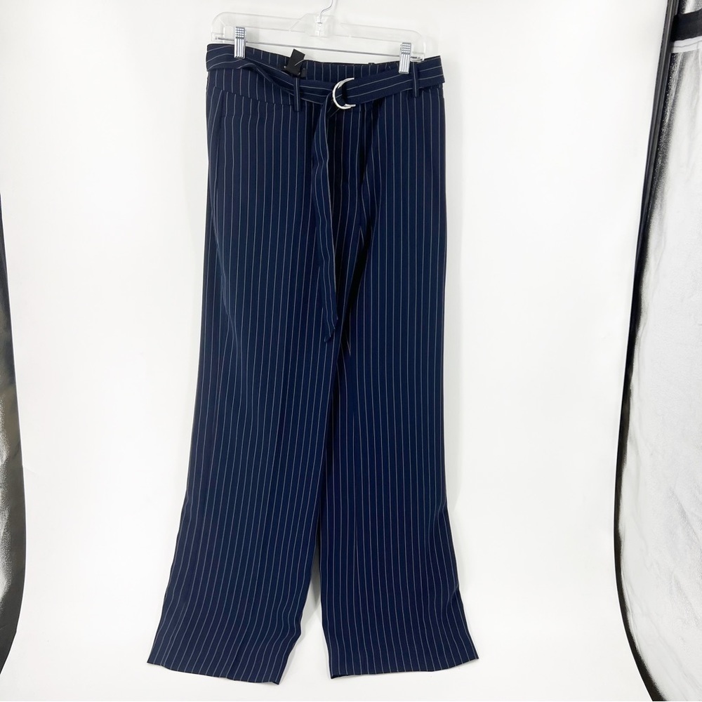 ✅ NWT WHBM FINLEY STRIPE DRAMA PANT NAVY WIDE LEG WITH BELT SIZE 10 LONG